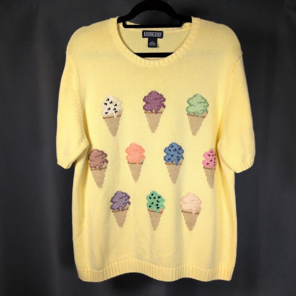VTG Land's End Yellow Knit Sweater Ice Cream Cones Short Sleeve Pullover Size XL